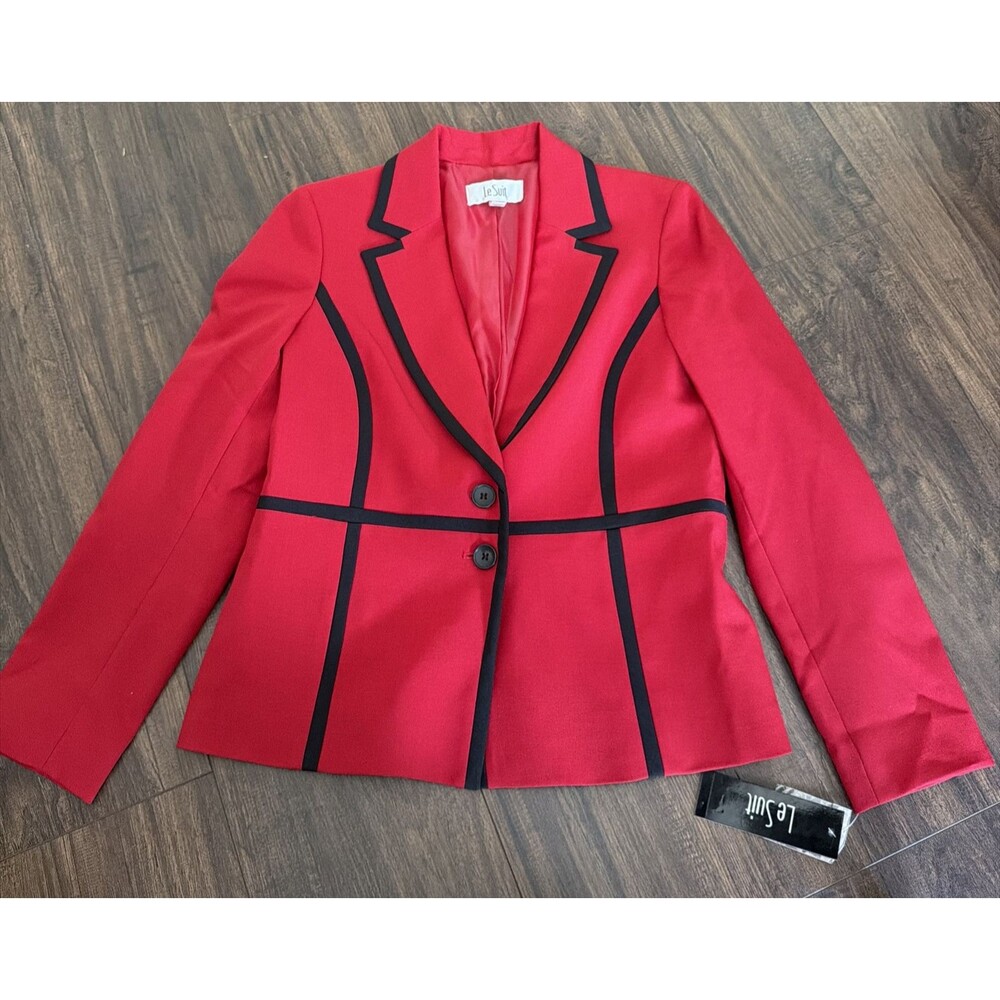 Le Suit Women's Crepe Two-Button Framed Jacket Blazer Fire Red Black Size 6